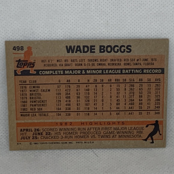 1983 Topps Wade Boggs Red Sox #498 (MISC8) - Picture 2 of 5
